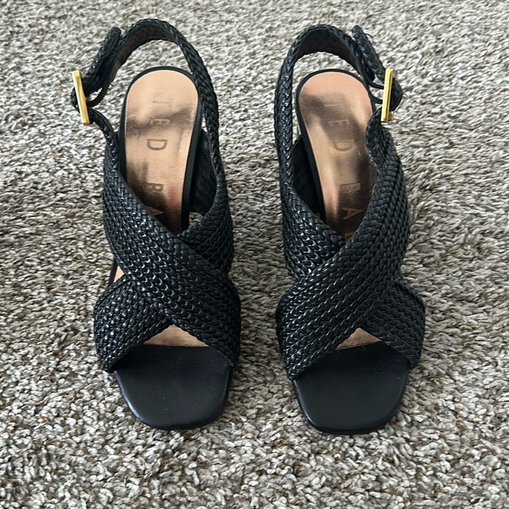 Ted Baker London Black Braided Slingback Heels with Gold Buckle